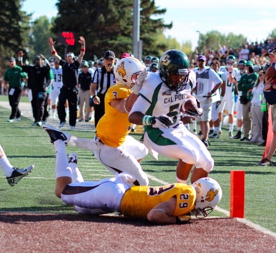Kristaan Ivory's nose for the end zone helped Cal Poly upset FBS Wyoming in Laramie early in the football season. By Owen Main