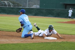 Cal Poly left fielder Jordan Ellis slides into third base after his RBI triple in the 4th inning. By Owen Main