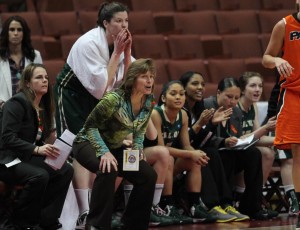 Cal Poly head coach Faith Mimnaugh seemed to join her team in a defensive stance during every possession on Saturday. by Owen Main