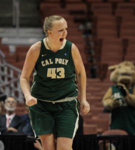 Molly Schelemer lets out a Shaq-like scream of joy after a basket late in the BIg West Championship game. Schlemer averaged 16.5 points and 12.5 rebounds per game in the tournament.