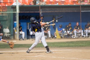 Jimmy Allen follows through on one of his two hits during Sunday's SLO Blues victory over the Bakersfield Sound. By Owen Main