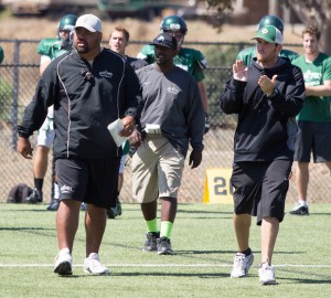 SagaTuitele (left) is now the lone offensive coordinator for the Mustangs. Tuitele returns for his fifth season. Cal Poly has three new coaches on their staff in 2013. By Owen Main