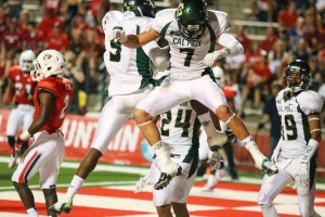 Willie Tucker and Chris Brown celebrate after Tucker's touchdown on Saturday night. By Owen Main