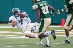 Willie Tucker catches a touchdown in the second half. By Owen Main