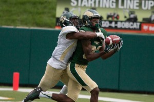 Rashard Higgins of Colorado State beats the Cal Poly defender to give the Rams a 27-10 lead. By Owen Main
