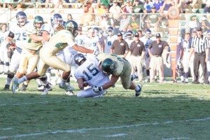 Sullivan Grosz earns his first sack of the season on Saturday afternoon. Cal Poly's defensive front-seven will have to be really good to compete with Fresno State this weekend. By Owen Main