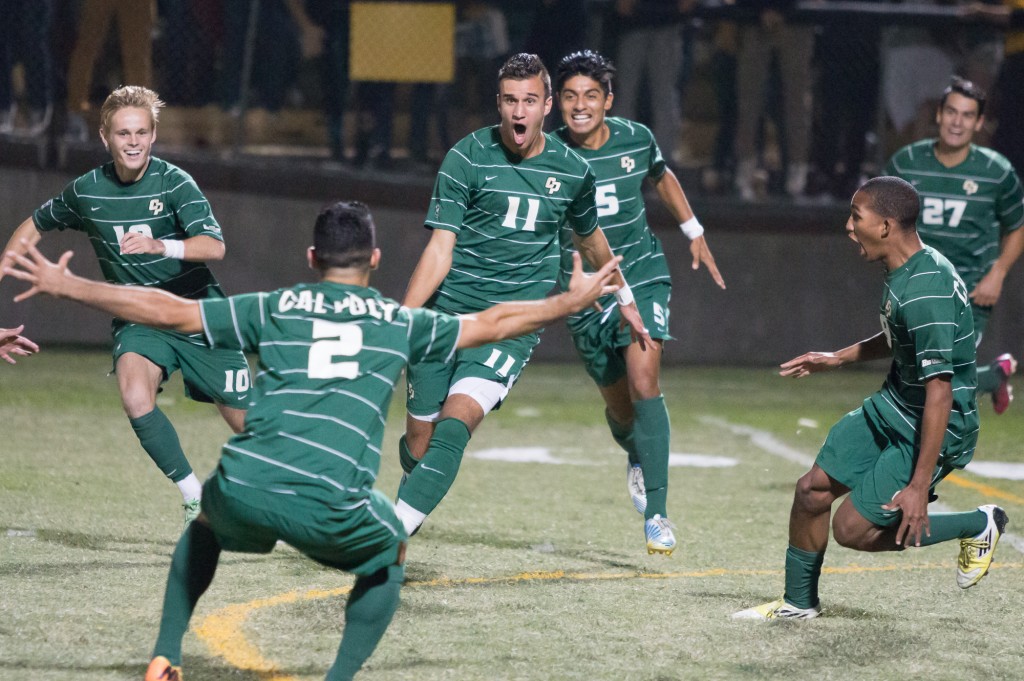 Cal Poly freshman Justin Dhillon (11) celebrates after his first-half goal on Friday night. By Owen Main