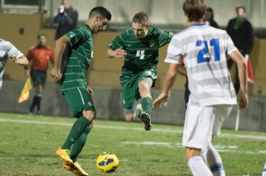 Two of Cal Poly's seniors - George Malki and Chris Bernardi - team-up in their final home version of the Blue-Green Rivalry. By Owen Main