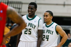 Joel Awich and Jamal Johnson enjoy the final minutes of Cal Poly's victory on Thursday night.