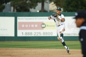 Mark Mathias has been the hottest hitter for Cal Poly lately, but he couldn't quite make this play during the big Gaucho third inning. By Owen Main