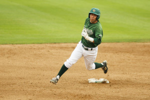 Shortstop, Peter VanGansen always seems to be on base for Cal Poly. By Owen Main