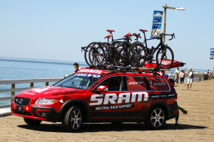 The SRAM neutral race support vehicle waits on the Pismo Pier on Thursday. By Owen Main