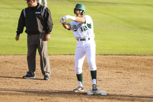 Mark Mathias goes fishing after an RBI double in Friday night's game. By Owen Main