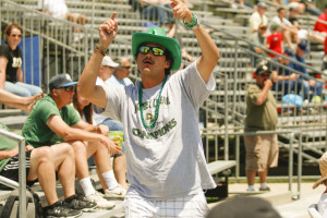 This Sac State fan joined a big group cheering for the Hornets. By Owen Main