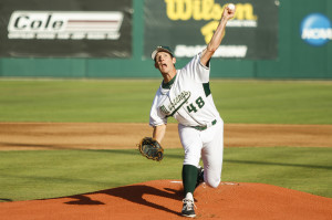 Matt Imhof delivers a pitch in his final game at Cal Poly. By Owen Main