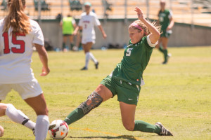 Junior Sara Epps and a group of Cal Poly attackers out-shot Lamar 12-2 in the second half. By Owen Main