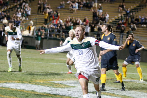 Mustang captain, Matt LaGrassa's headed goal and subsequent celebration drove the crowd of nearly 7,000 fans at Alex G. Spanos Stadium into a frenzy. By Owen Main