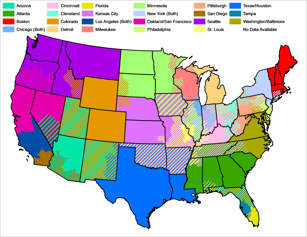 "MLB Blackout Areas" by Braindrain0000 - Own workPNG version of Image:MLB Blackout Areas.svg, in case of svg rendering issues. See svg version for full explanation. This image is designed for printing at 300 dpi on 8.5" x 11" paper.. Licensed under CC BY-SA 3.0 via Wikimedia Commons - http://commons.wikimedia.org/wiki/File:MLB_Blackout_Areas.png#mediaviewer/File:MLB_Blackout_Areas.png