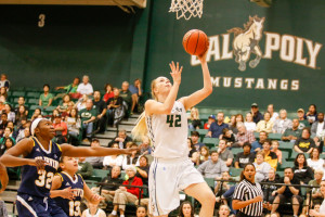 Morro Bay High School product Hannah Gilbert scored 14 points and pulled down eight rebounds in Cal Poly's Saturday win. By Owen Main