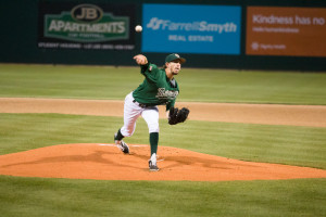 Casey Bloomquist fell behind a number of hitters and didn't get a lot of help from his defense in Cal Poly's Friday night loss. By Owen Main