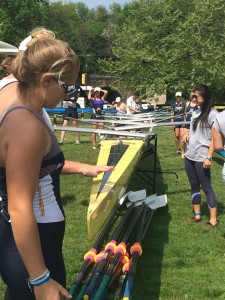 Last minute check before UC San Diego takes the water at Dad Vail (Philadelphia, PA).