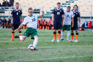 Chase Minter drilled home a penalty kick for the first goal on Saturday night. By Owen Main