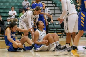 Dynn Leaupepe shows some emotion after an and-one bucket on Thursday night. By Owen Main